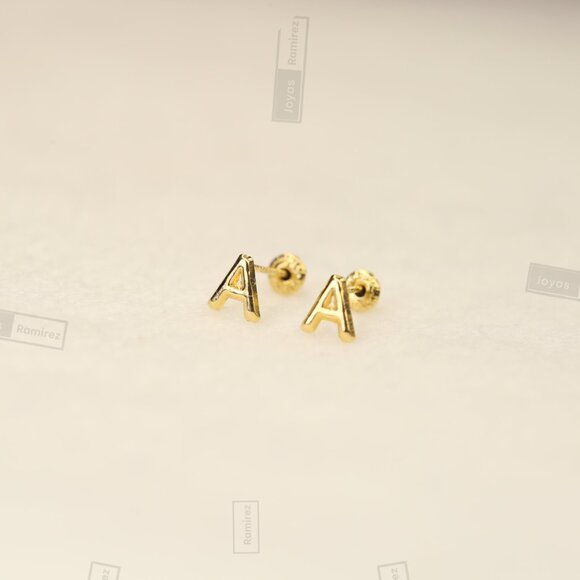 14K Solid Gold Initial Stud Earrings • Perfect Gift For Girls & Teens. - Picture 3 of 13